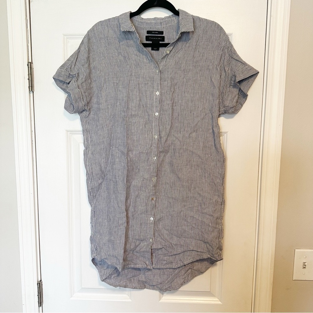 Tahari 100% linen pin stripped mini dress / cover up.